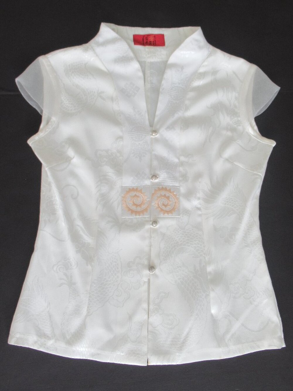 100% SILK Embroidered Accent Shirt Blouse Top Sz Small Hand Made SHANGHAI White